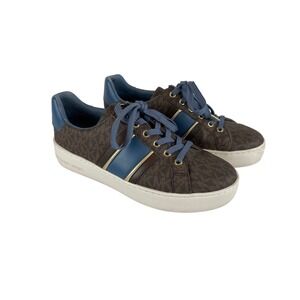 Michael Kors Poppy Brown Logo Blue Gold Stripe Platform Sneakers Womens 5